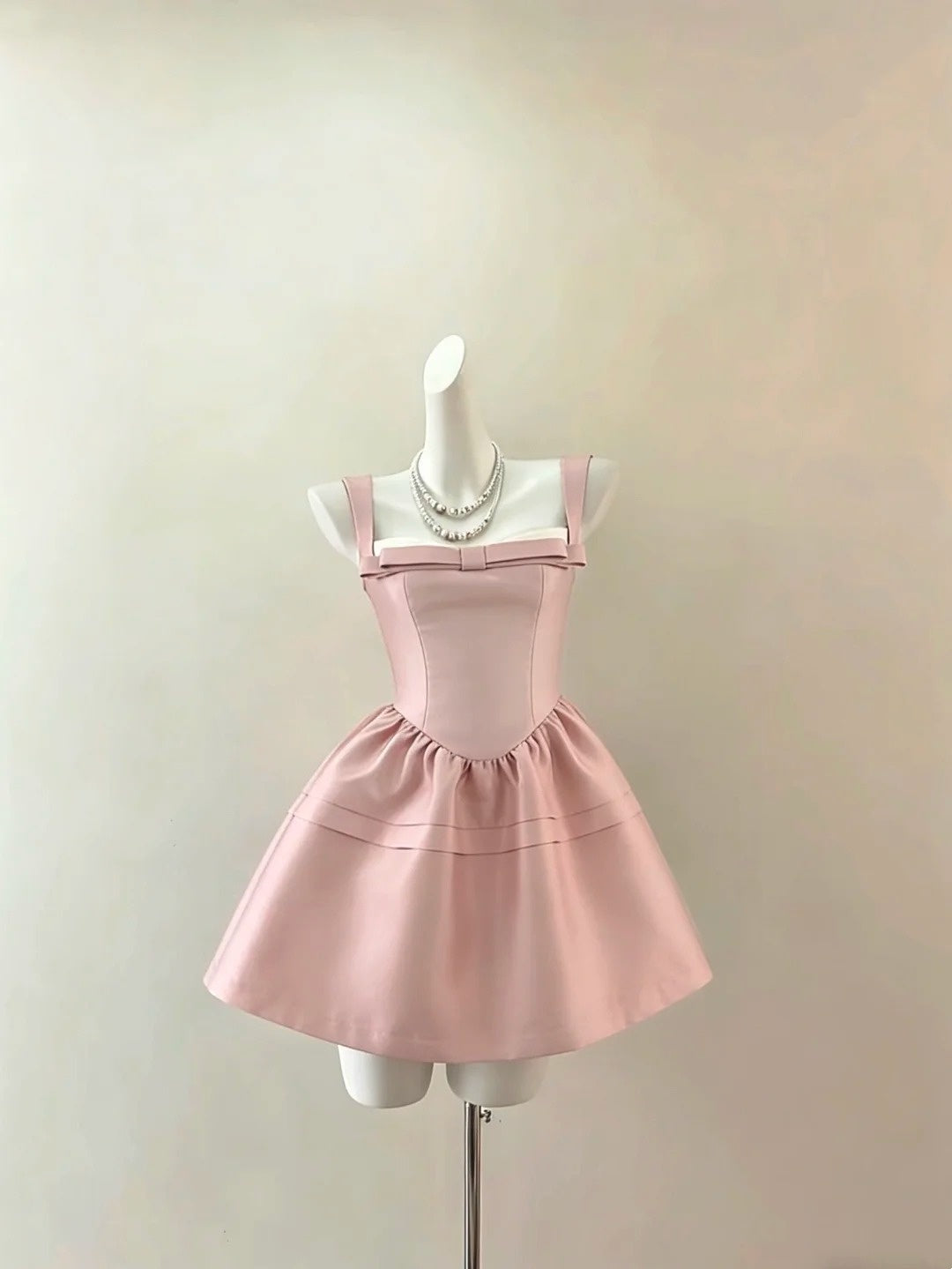 Elegant Pink Wide Strap Square Neck Front Bow Satin A Line Short Homecoming Dress AS1438