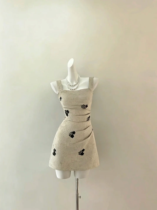 Chic Beige Square Neck Wide Strap Black Floral Print Side Ruched Bodycon Short Homecoming Dress AS1439