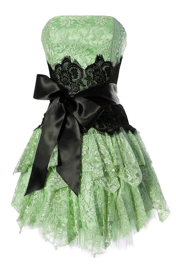 Chic Pink Strapless Floral Lace Black Lace Waist Oversized Satin Big Bow Multi-Layer Ruffle A Line Short Homecoming Dress AS1440