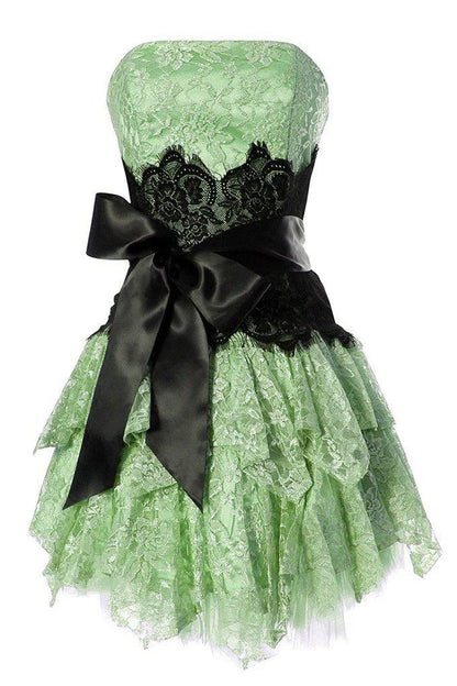 Chic Pink Strapless Floral Lace Black Lace Waist Oversized Satin Big Bow Multi-Layer Ruffle A Line Short Homecoming Dress AS1440