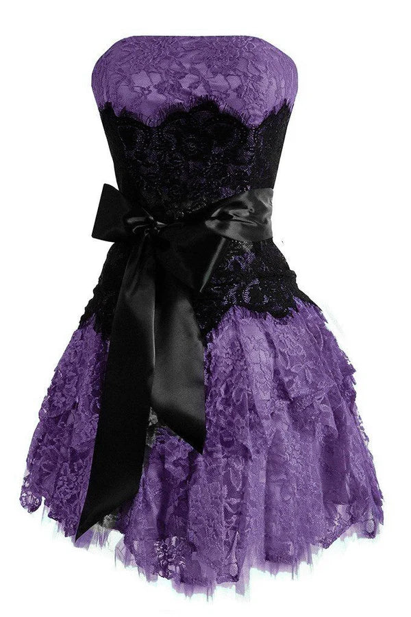 Chic Pink Strapless Floral Lace Black Lace Waist Oversized Satin Big Bow Multi-Layer Ruffle A Line Short Homecoming Dress AS1440