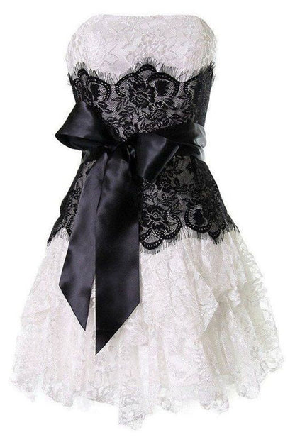 Chic Pink Strapless Floral Lace Black Lace Waist Oversized Satin Big Bow Multi-Layer Ruffle A Line Short Homecoming Dress AS1440