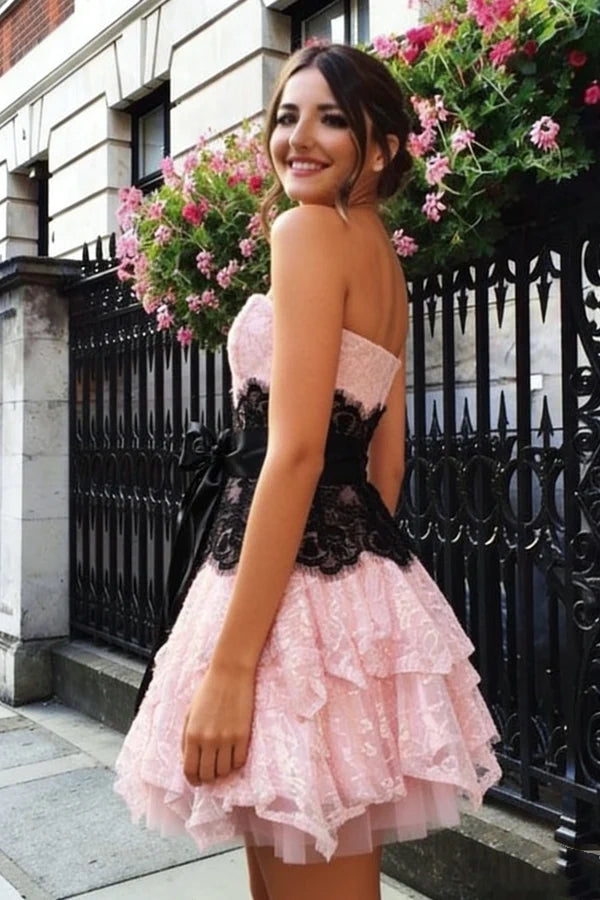 Chic Pink Strapless Floral Lace Black Lace Waist Oversized Satin Big Bow Multi-Layer Ruffle A Line Short Homecoming Dress AS1440