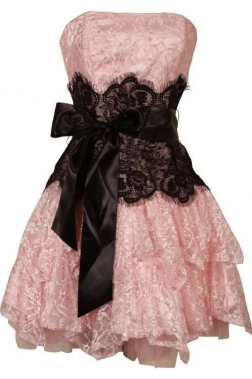 Chic Pink Strapless Floral Lace Black Lace Waist Oversized Satin Big Bow Multi-Layer Ruffle A Line Short Homecoming Dress AS1440