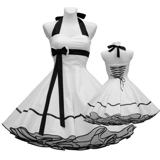 Chic White Halter Neck Black Ribbon Bow Sash Back Lace-Up Black Trim A Line Short Homecoming Dress AS1441