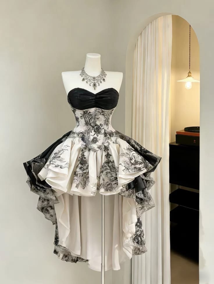 Chic Black White Strapless Sweetheart Neck Ruched Bust Floral Print High Low Ruffle Hem A Line Short Homecoming Dress AS1442