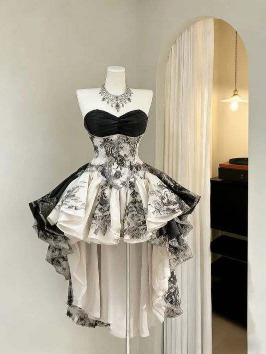 Chic Black White Strapless Sweetheart Neck Ruched Bust Floral Print High Low Ruffle Hem A Line Short Homecoming Dress AS1442