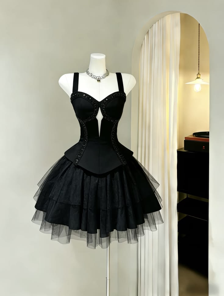 Elegant Black Sweetheart Keyhole Wide Strap Rhinestone Trim A Line Short Homecoming Dress AS1445