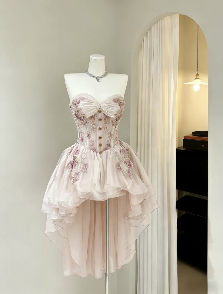Romantic Pink Strapless Sweetheart Neck Floral Appliques Button High Low Ruffle Tulle A Line Short Homecoming Dress AS1447