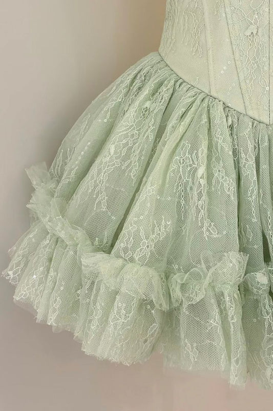 Romantic Sage Green Strapless Floral Trim Neck Tiered Ruffle Tulle A Line Short Homecoming Dress AS1449