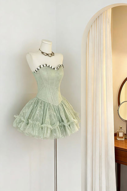 Romantic Sage Green Strapless Floral Trim Neck Tiered Ruffle Tulle A Line Short Homecoming Dress AS1449