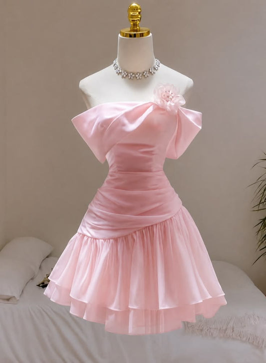 Elegant Pink Off The Shoulder Floral Side Ruched Layer Chiffon A Line Short Homecoming Dress AS1450