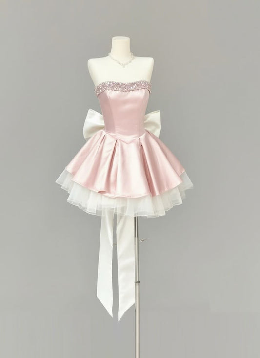 Elegant Pink Strapless Rhinestone Trim White Back Streamer Bow Satin Tulle A Line Short Homecoming Dress AS1453