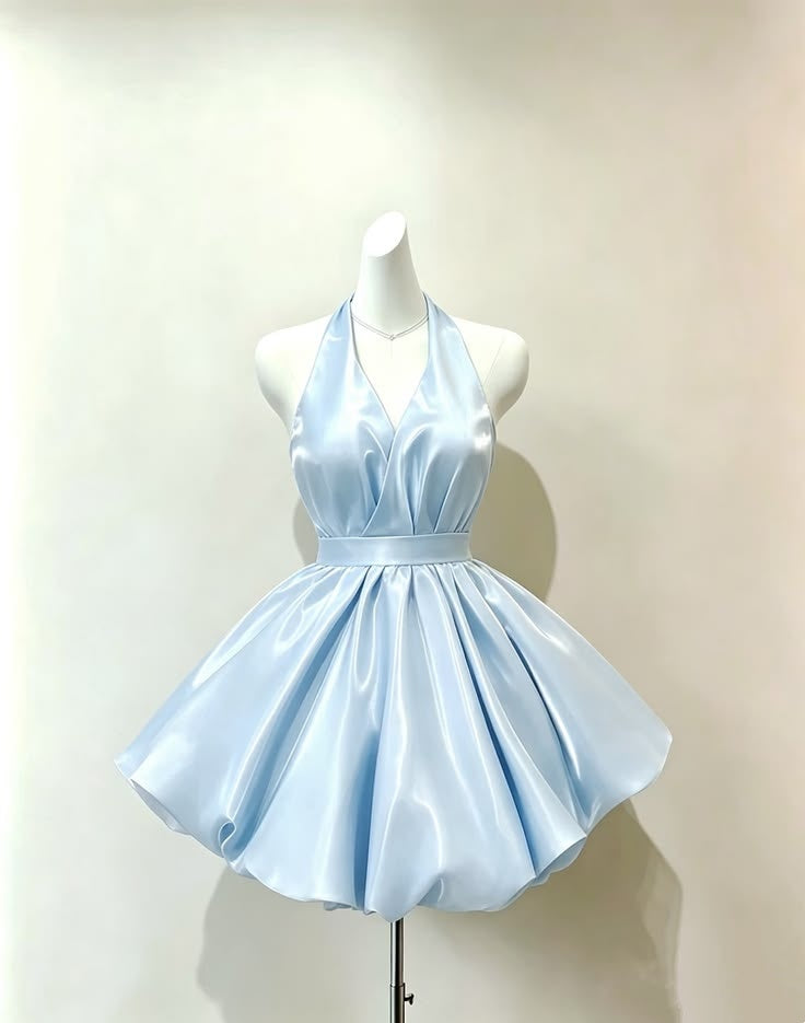 Chic Light Blue Halter V Neck Satin Runched Puffy Bubble A Line Short Homecoming Dress AS1454