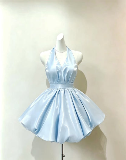 Chic Light Blue Halter V Neck Satin Runched Puffy Bubble A Line Short Homecoming Dress AS1454