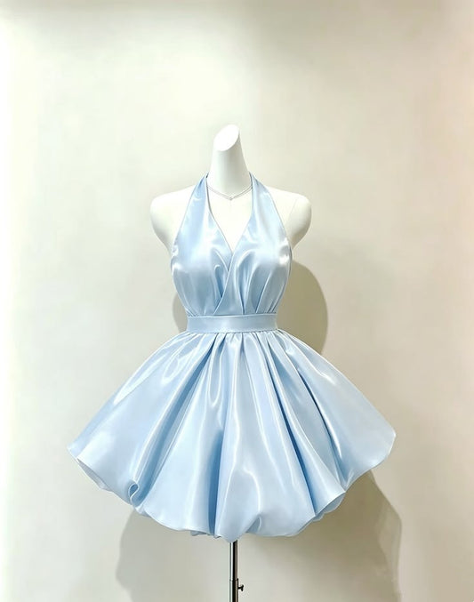 Chic Light Blue Halter V Neck Satin Runched Puffy Bubble A Line Short Homecoming Dress AS1454