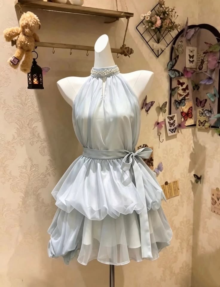 Glam Light Blue Halter Pearl Trim Waist Bow Multi-Layer Ruffy Ruffle Chiffon A Line Short Homecoming Dress AS1455