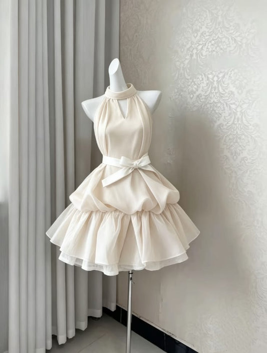 Elegant Ivory Halter Keyhole Neck Waist Bow Double Layer Puffy Bubble Chiffon A Line Short Homecoming Dress AS1456