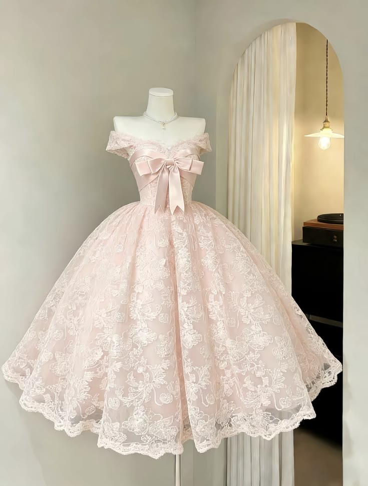 Romantic Blush Off The Shoulder Satin Bow Floral Lace Midi A Line Short Homecoming Dress AS1458
