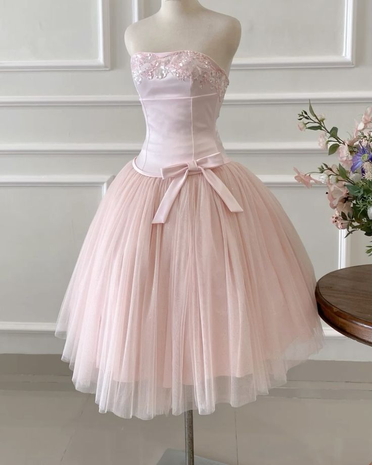 Glam Pink Strapless Sequin Floral Trim Satin Bodice Waist Bow Multi-Layer Tulle Midi A Line Short Homecoming Dress AS1459
