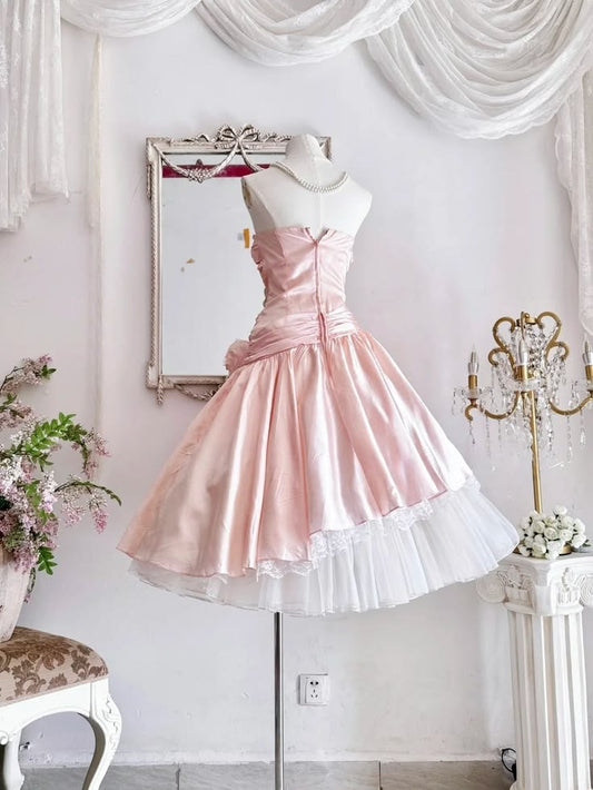 Chic Pink Strapless Lace Ruched Side Waist Flower Asymmetric Layer Satin Tulle Midi A Line Homecoming Dress AS1460