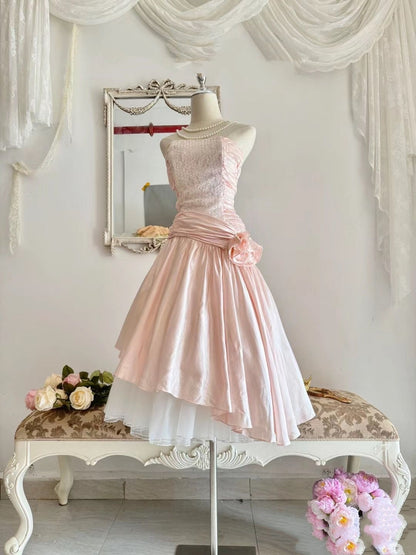 Chic Pink Strapless Lace Ruched Side Waist Flower Asymmetric Layer Satin Tulle Midi A Line Homecoming Dress AS1460