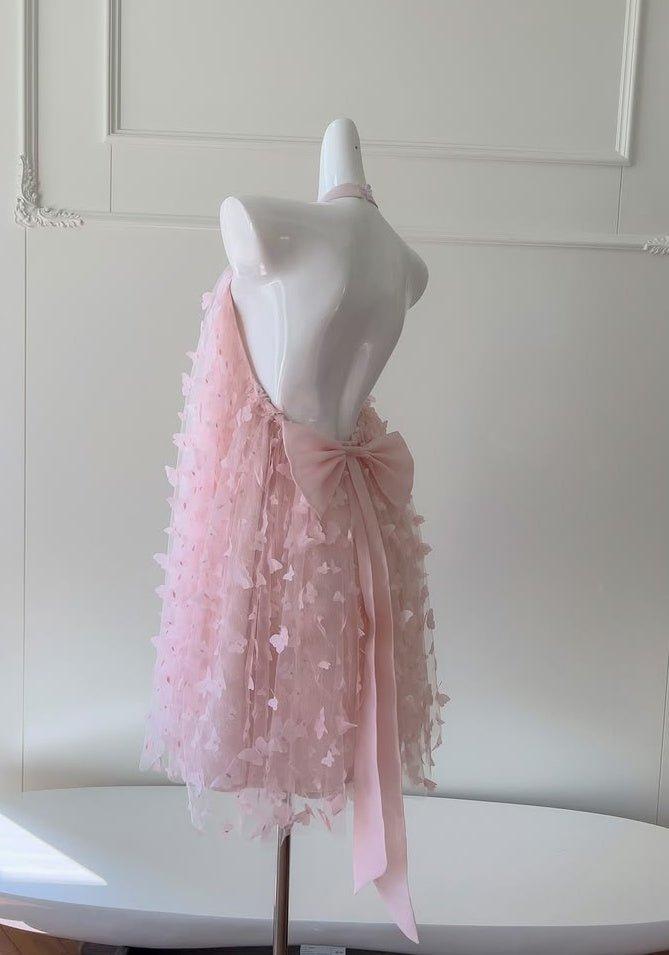 Gorgeous Pink Halter Neck 3D Butterfly Applique Tulle Back Bow A-Line Short Homecoming Dress AS1461