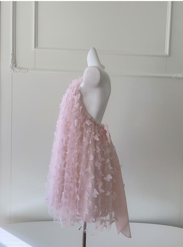 Gorgeous Pink Halter Neck 3D Butterfly Applique Tulle Back Bow A-Line Short Homecoming Dress AS1461