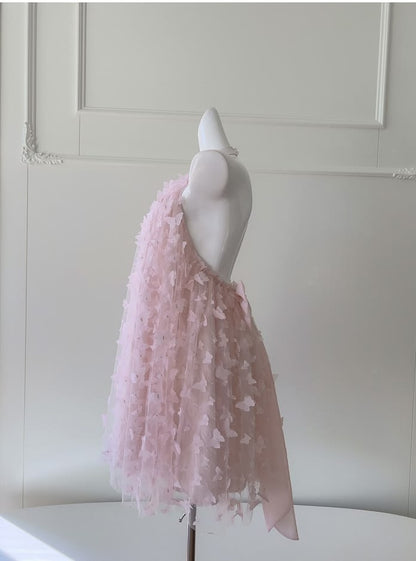 Gorgeous Pink Halter Neck 3D Butterfly Applique Tulle Back Bow A-Line Short Homecoming Dress AS1461