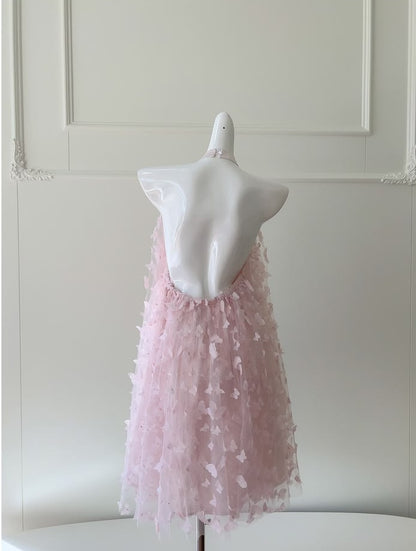 Gorgeous Pink Halter Neck 3D Butterfly Applique Tulle Back Bow A-Line Short Homecoming Dress AS1461