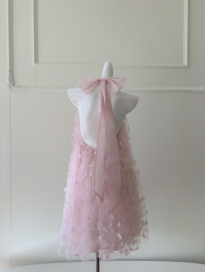 Gorgeous Pink Halter Neck 3D Butterfly Applique Tulle Back Bow A-Line Short Homecoming Dress AS1461