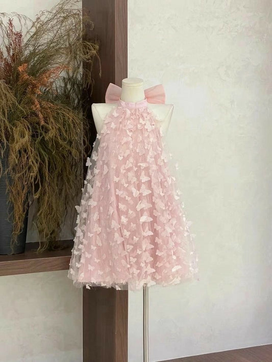 Gorgeous Pink Halter Neck 3D Butterfly Applique Tulle Back Bow A-Line Short Homecoming Dress AS1461