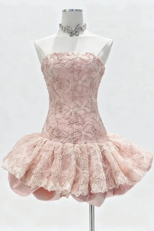 Chic Light Pink Strapless 3D Floral Short A Line Bubble Tulle Homecoming Dress AS1462