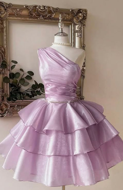 Chic Sunset Orange Gradient One Shoulder Ruched Rhinestone Waistband Tiered Ruffle A Line Short Homecoming Dress AS1463