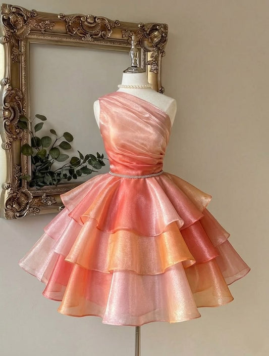 Chic Sunset Orange Gradient One Shoulder Ruched Rhinestone Waistband Tiered Ruffle A Line Short Homecoming Dress AS1463