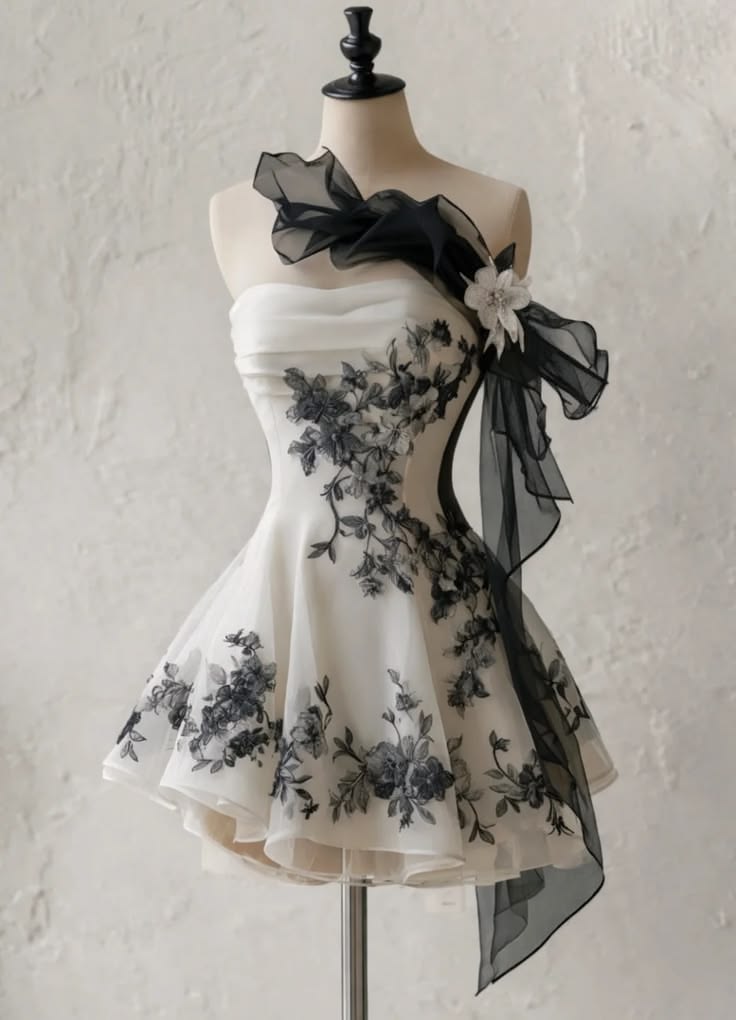 Chic Strapless Black Floral Side Sheer Tulle A Line Short Homecoming Dress AS1464