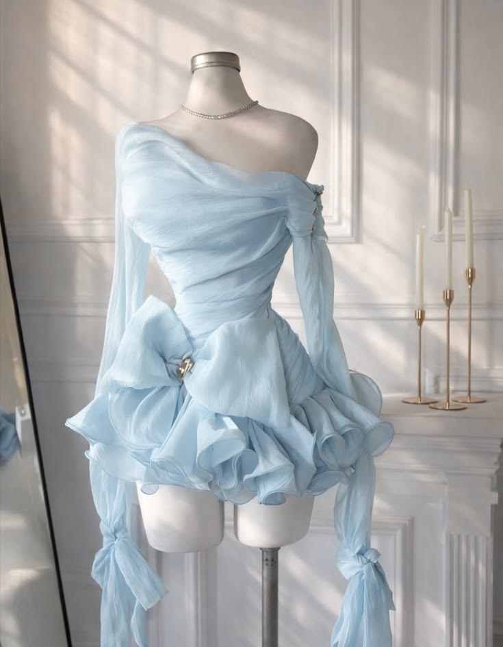 Chic Light Blue One Shoulder Long Sleeve Ruched Chiffon Giant Waist Bow Multi-Layer Ruffle A Line Short Homecoming Dress AS1465