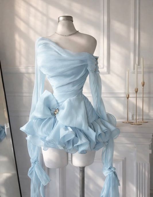 Chic Light Blue One Shoulder Long Sleeve Ruched Chiffon Giant Waist Bow Multi-Layer Ruffle A Line Short Homecoming Dress AS1465