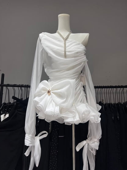 Chic Light Blue One Shoulder Long Sleeve Ruched Chiffon Giant Waist Bow Multi-Layer Ruffle A Line Short Homecoming Dress AS1465