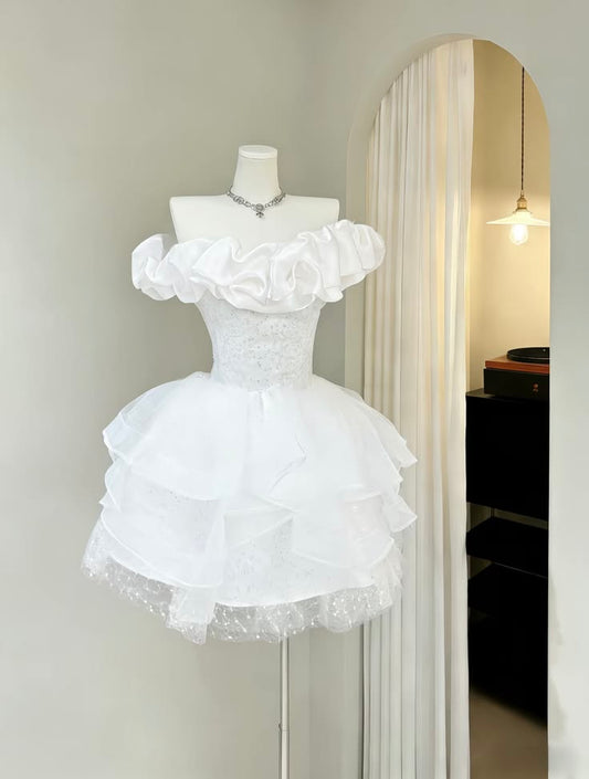 Chic White Off The Shoulder Ruffled Satin Neck Sequin Multi-Layer Glitter Tulle Short A Line Homecoming Dress AS1467