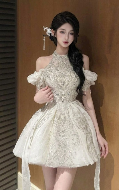 Chic White Halter Off The Shoulder Heavy Rhinestone Beaded Long Streamer A Line Short Homecoming Dress AS1468