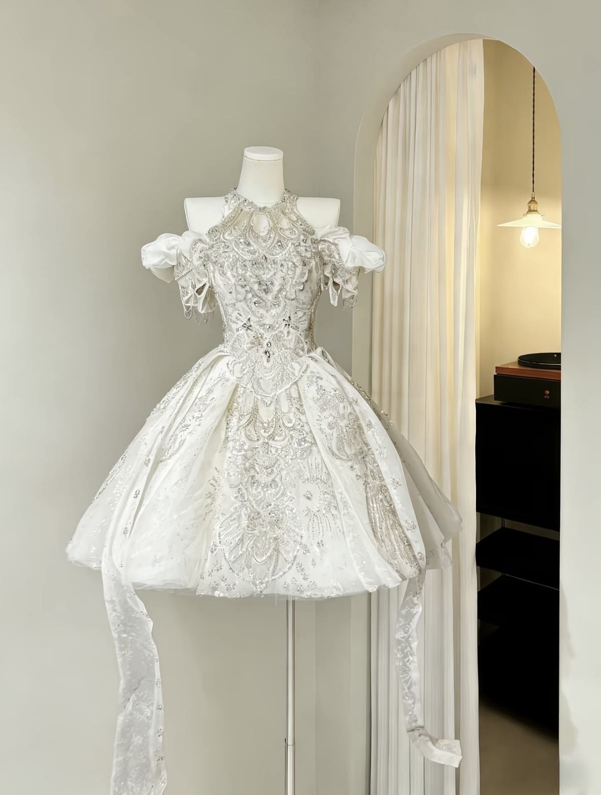 Chic White Halter Off The Shoulder Heavy Rhinestone Beaded Long Streamer A Line Short Homecoming Dress AS1468