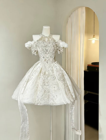 Chic White Halter Off The Shoulder Heavy Rhinestone Beaded Long Streamer A Line Short Homecoming Dress AS1468