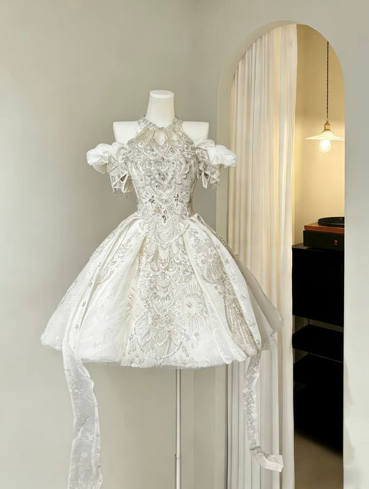 Chic White Halter Off The Shoulder Heavy Rhinestone Beaded Long Streamer A Line Short Homecoming Dress AS1468
