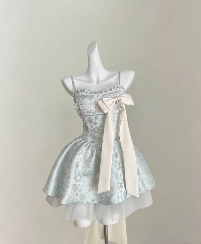 Chic Mint Spaghetti Straps Floral Jacquard Ivory Bow Short A Line Double Layer Tulle Homecoming Dress AS1469