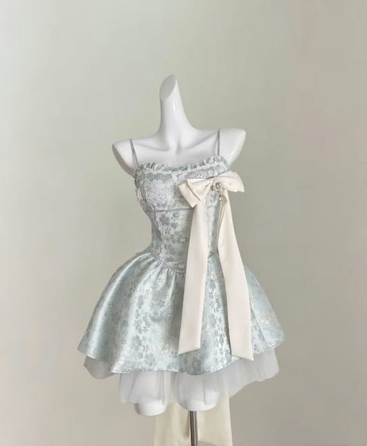 Chic Mint Spaghetti Straps Floral Jacquard Ivory Bow Short A Line Double Layer Tulle Homecoming Dress AS1469