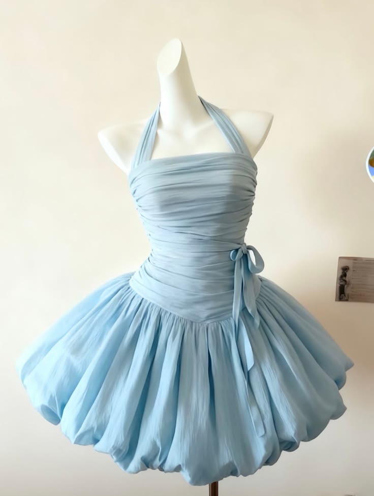 Chic Light Blue Halter Ruched Bow Puffy Bubble A Line Short Homecoming Dress AS1469