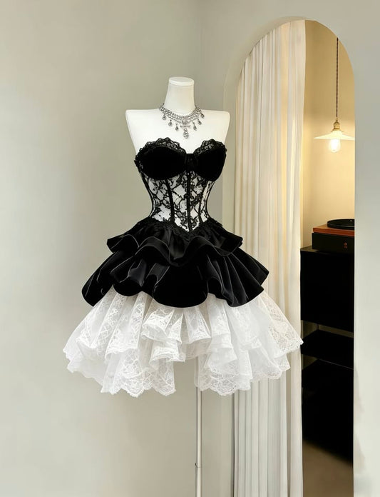 Chic Black Strapless Sweetheart Neck Lace Bodice Layer Satin Ruffle White Lace A Line Short Homecoming Dress AS1471
