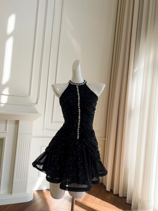 Chic Black Halter Sleeveless Rhinestone Trim Neck Ruched Glitter Tulle A Line Short Homecoming Dress AS1472