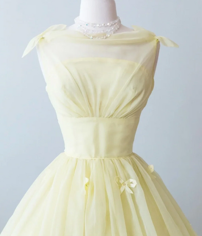 Elegant Light Yellow Sleeveless Sheer Neck Bows Ruched Tulle A Line Midi Homecoming Dress AS1473